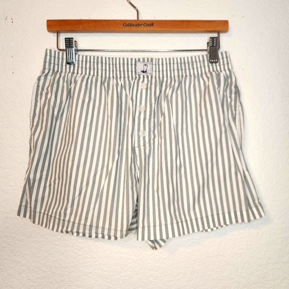 Happily Grey Sage Green Striped Cotton PJ Boxers, Size M‎